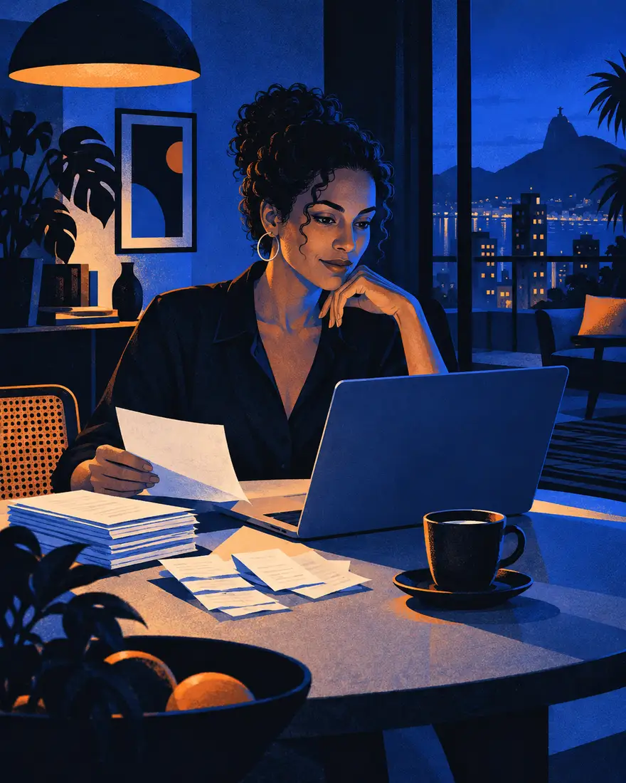 Ilustração: sócia acompanhando o caixa da empresa no notebook, à noite
