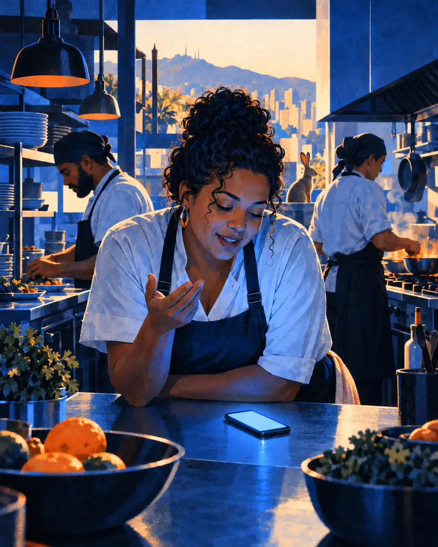 Ilustração: dona de restaurante falando com o celular no balcão da cozinha, de manhã cedo