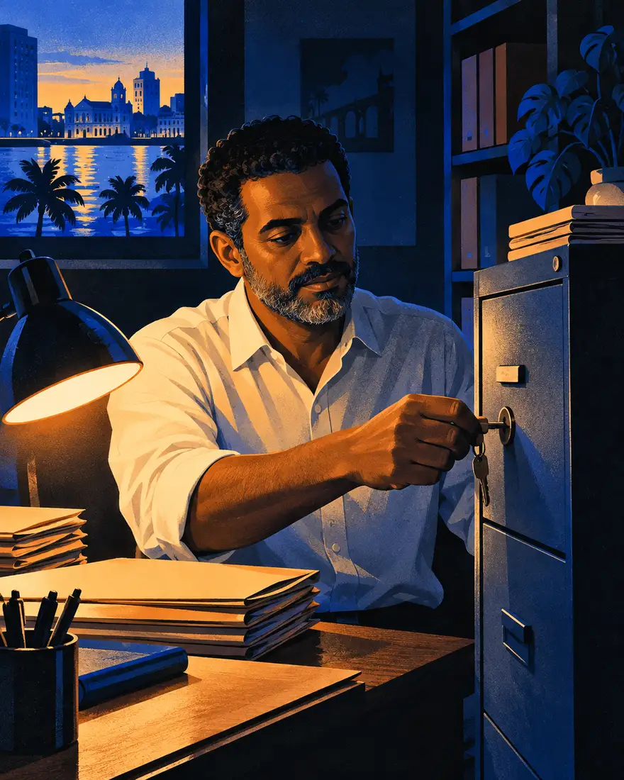 Ilustração: um homem num arquivo, à noite, trancando o armário de documentos com uma chave, sob a luz de uma luminária