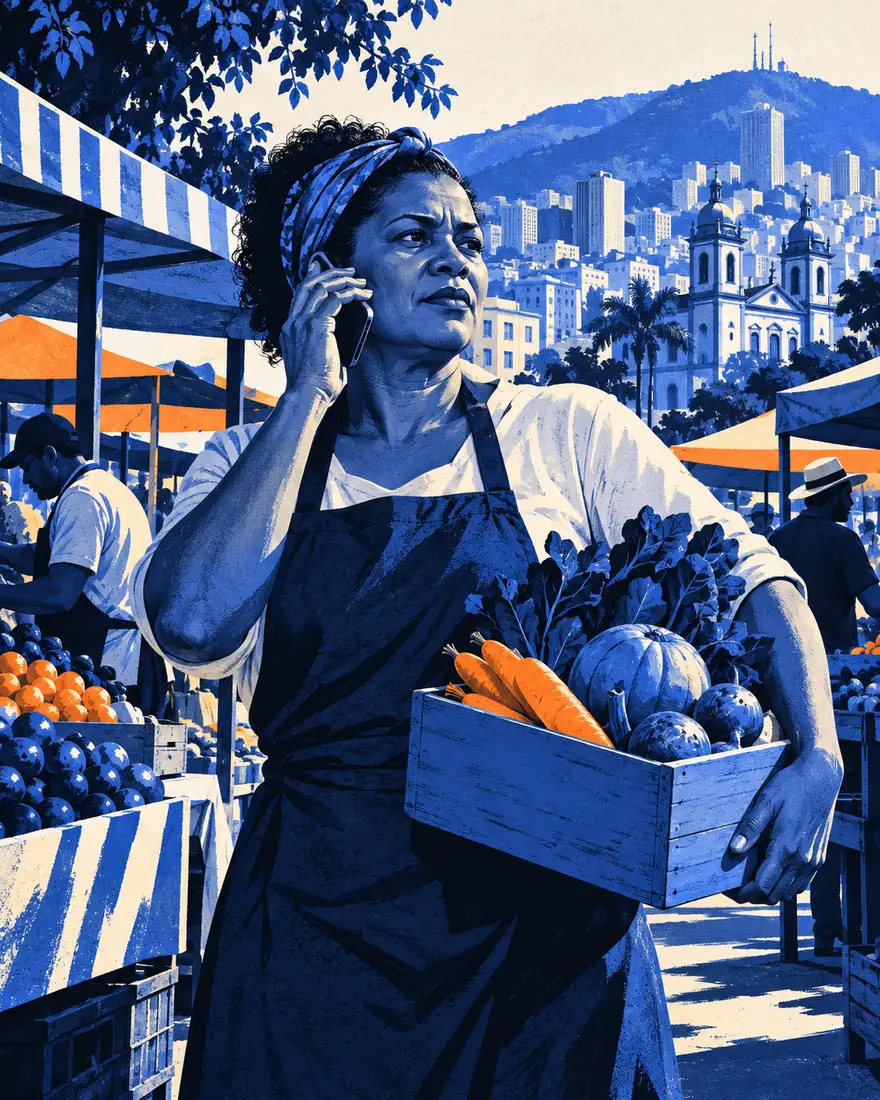 Ilustração: dona de restaurante falando ao celular enquanto carrega uma caixa de verduras na feira, em Belo Horizonte