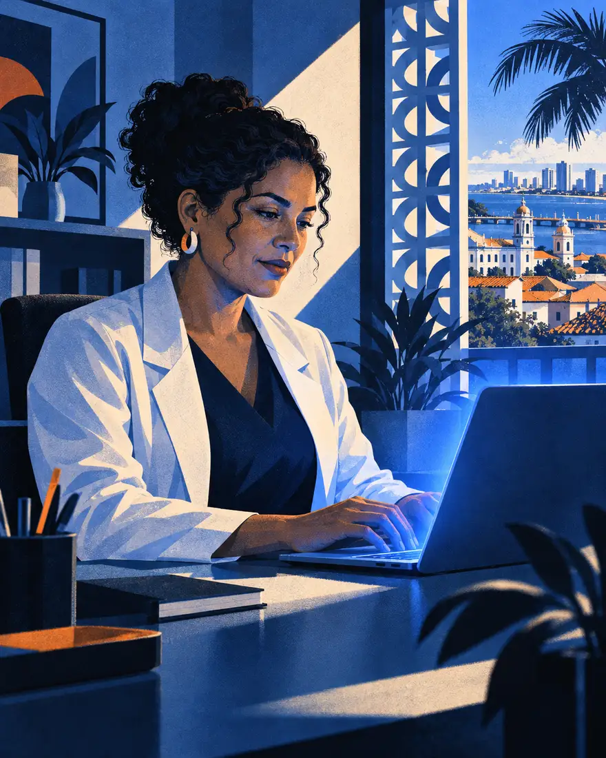 Ilustração: gestora de clínica digitando uma pergunta ao assistente no notebook, em Recife