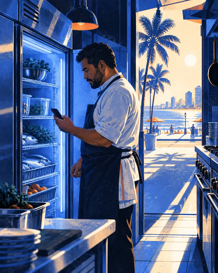 Ilustração: gerente de restaurante conferindo a temperatura da geladeira pelo celular antes de abrir, em Fortaleza