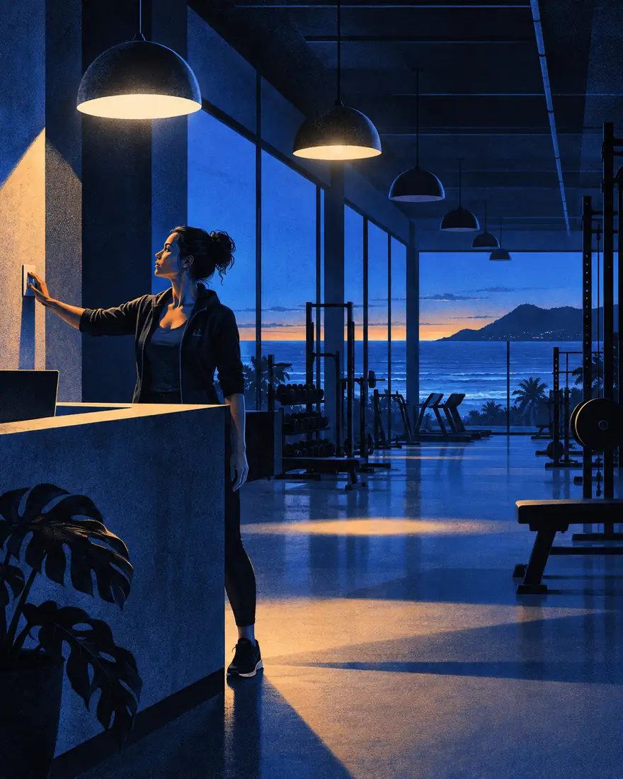 Ilustração: recepcionista abrindo uma academia às cinco da manhã em Florianópolis