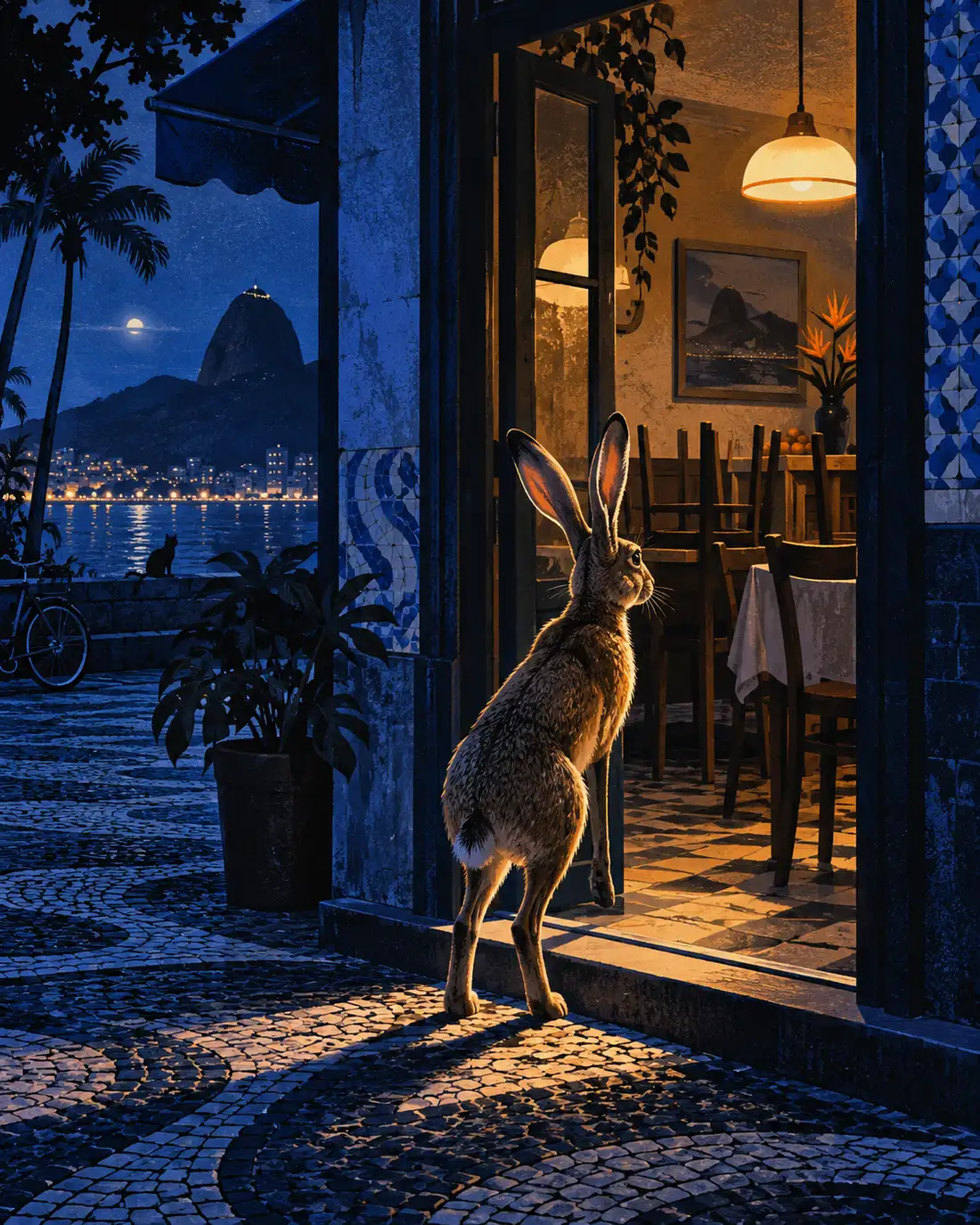 Ilustração: uma lebre na porta de um restaurante na hora de fechar, no Rio