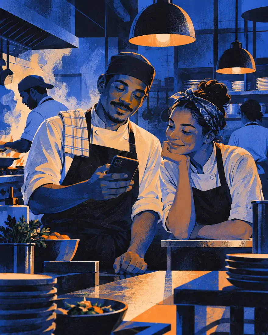 Ilustração: cozinheiro mostrando uma mensagem no celular para a colega numa cozinha de São Paulo