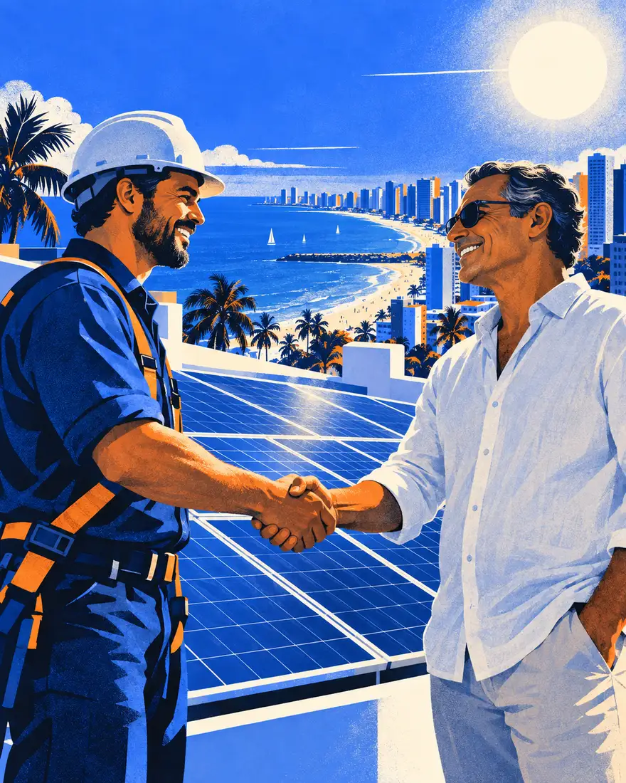 Ilustração: instalador de energia solar fechando negócio com um cliente num telhado em Fortaleza