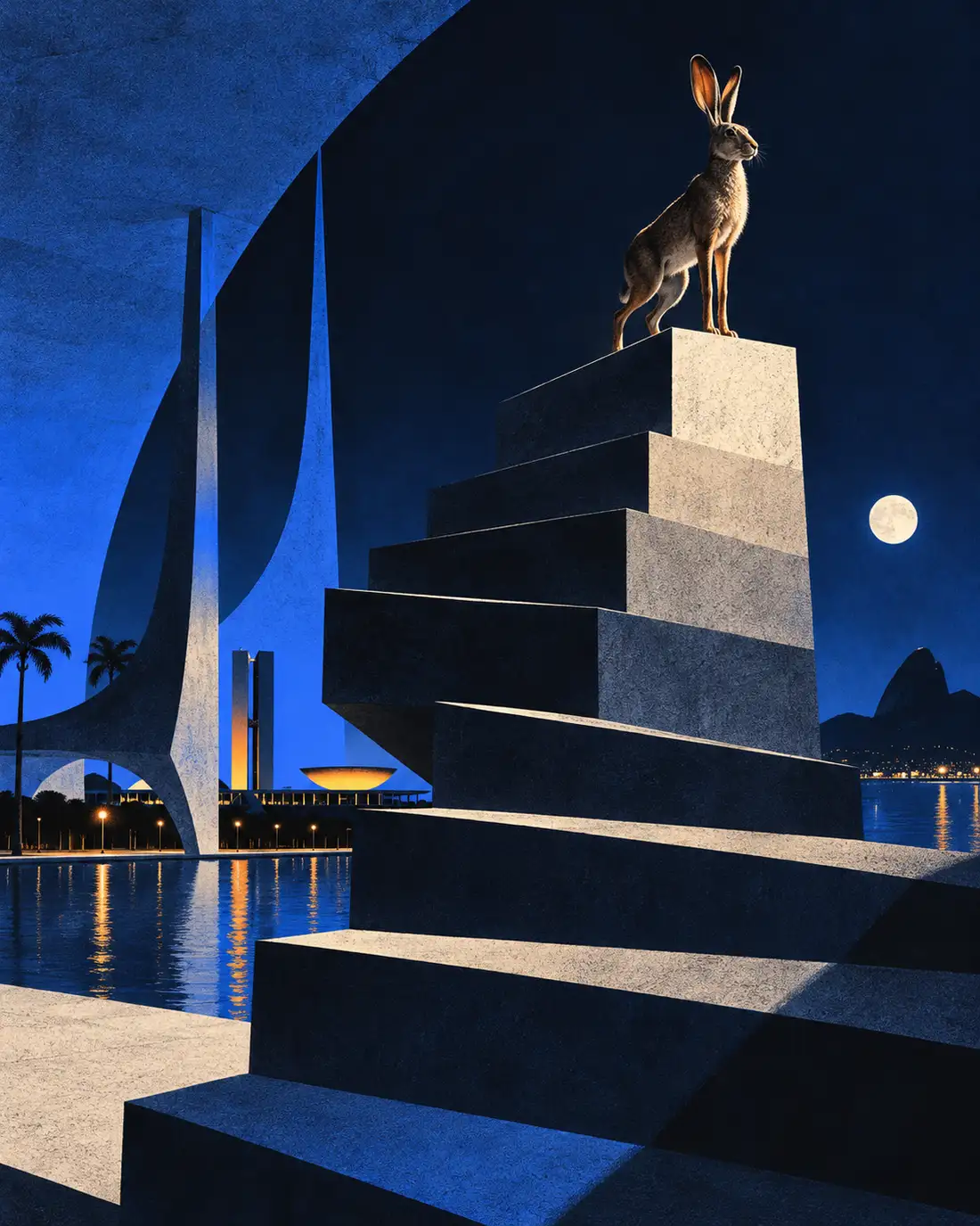 Ilustração: uma lebre no topo de uma escadaria de blocos, à noite