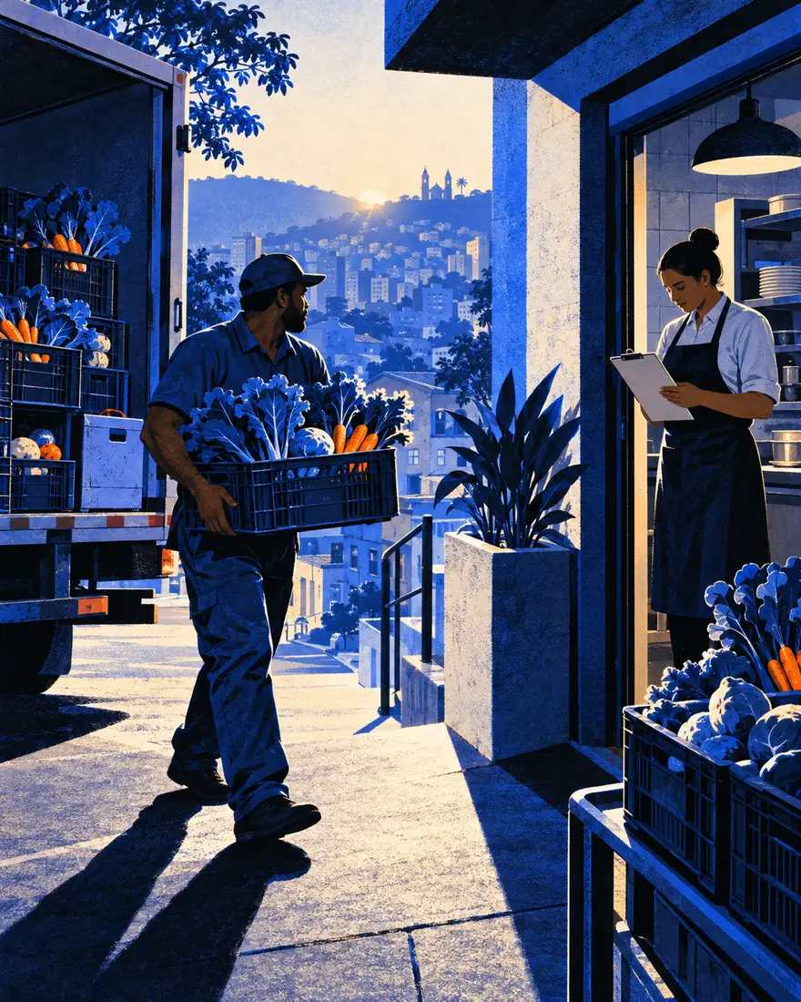 Ilustração: fornecedor descarregando verduras na porta de um restaurante em Belo Horizonte, de madrugada