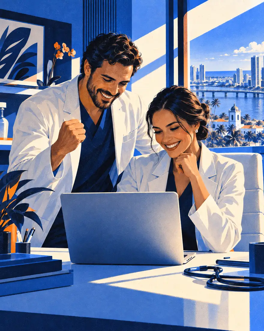 Ilustração: sócios de uma clínica em Recife comemorando o resultado do mês no notebook
