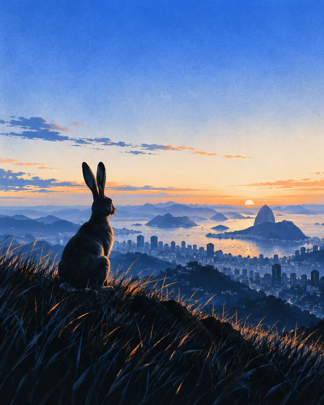 Ilustração: o horizonte do Rio ao amanhecer, com uma lebre sentada de perfil, olhando a baía