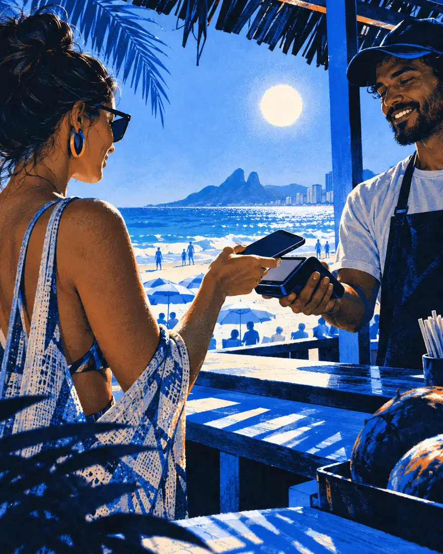 Ilustração: cliente pagando por aproximação num quiosque de praia em Fortaleza