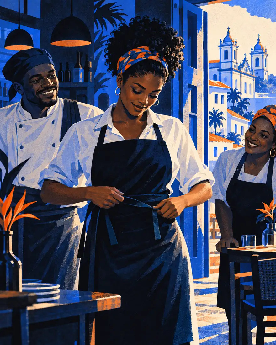 Ilustração: nova garçonete vestindo o avental no primeiro dia, recebida pela equipe em Salvador