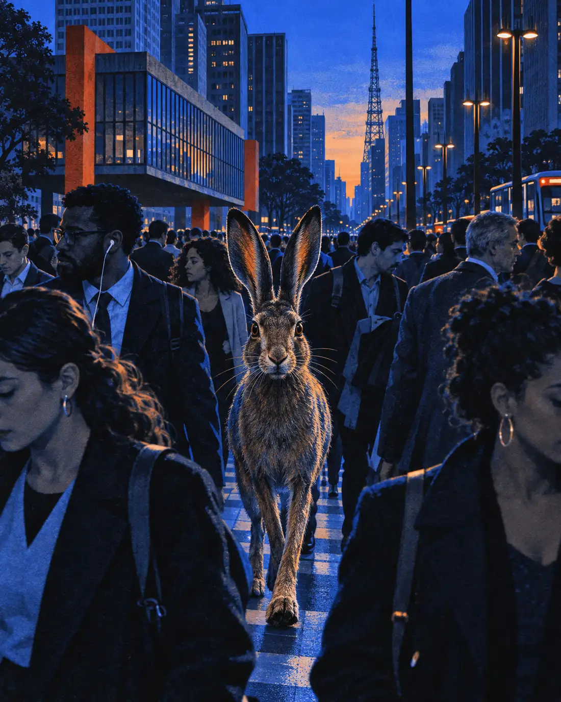 Ilustração: uma lebre andando na Avenida Paulista no meio da multidão