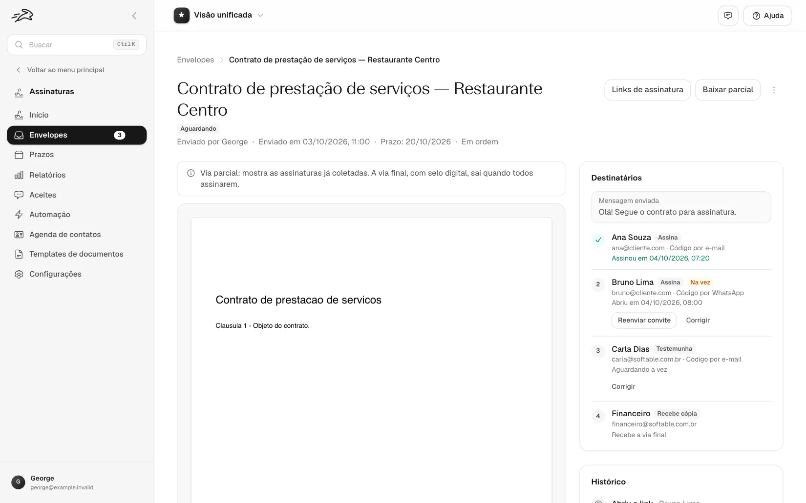 Detalhe de um envelope na assinatura eletrônica da Lapz, com dados fictícios