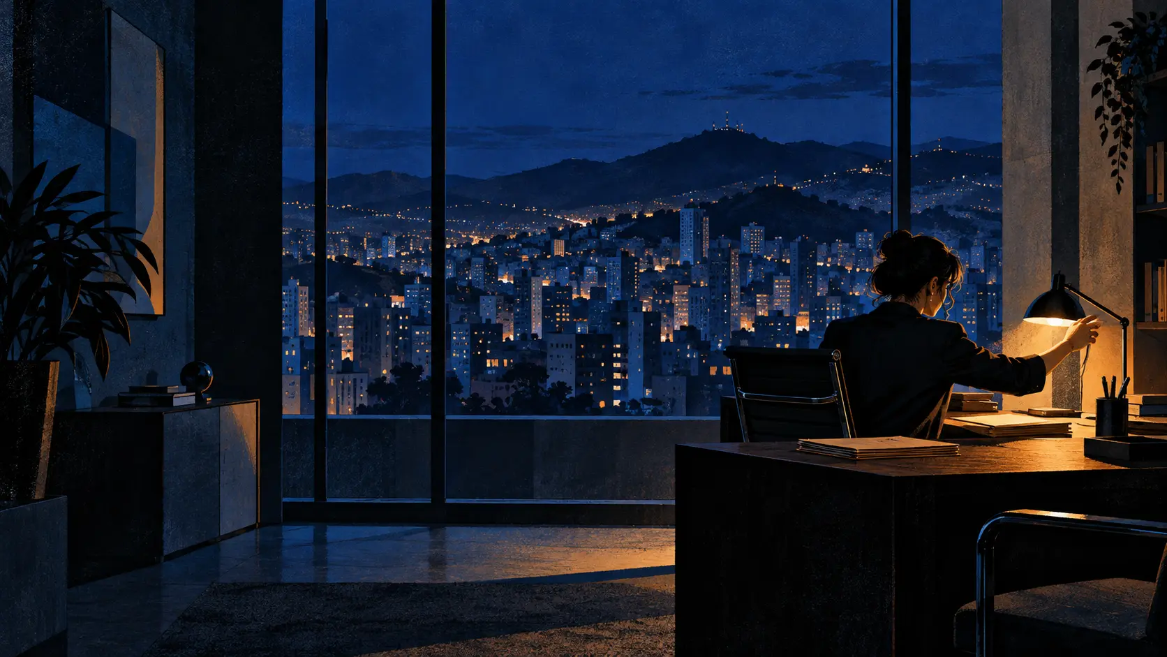 Ilustração: advogada apagando a luminária do escritório tarde da noite, com Belo Horizonte pela janela