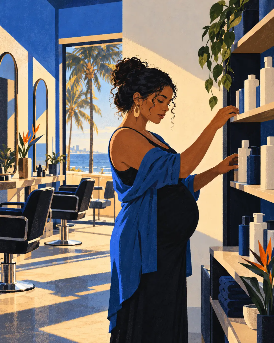 Ilustração: dona de salão grávida arrumando frascos numa prateleira do salão vazio, em João Pessoa, antes de abrir