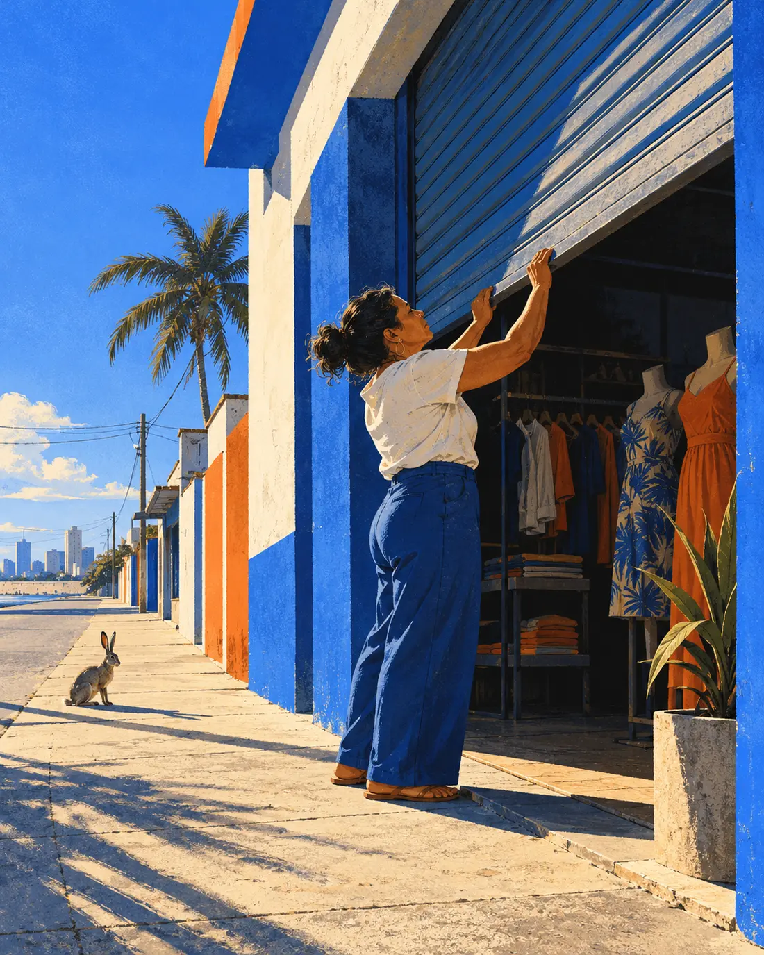 Ilustração: dona de loja levantando a porta de enrolar numa rua de Fortaleza, de manhã, com uma lebre na calçada